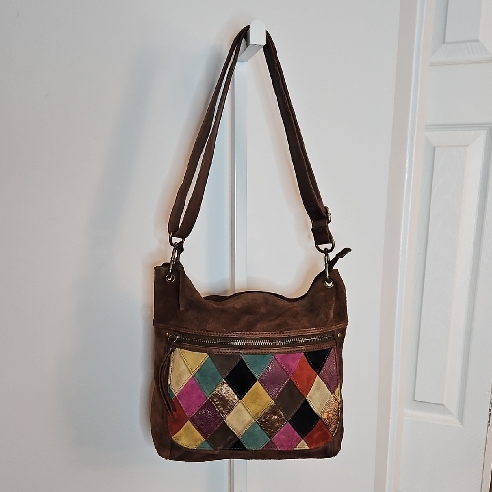 Vintage Fossil Multicolor Patchwork Leather Suede Shoulder Bag Y2K Boho Crossbod